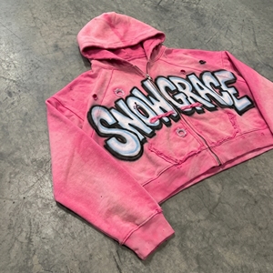 เสื้อฮู้ดครอปสีชมพู Snow Grace แบบซิปหน้า โลโก้สตรีทแวร์ ทรงโอเวอร์ไซส์ แขนปกติ ยูนิเซ็กส์ ผ้าฝ้ายสำหรับฤดูหนาว เนื้อผ้าเฟรนช์เทอร์รี่ - Product Image 6