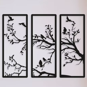 Ensemble d'art mural minimaliste en métal, oiseaux et branches découpés au laser, cadre rectangulaire en acier inoxydable, décoration suspendue moderne faite à la main pour la maison - Product Image 1