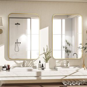 26x38 Inch Round Edge <b>Rectangular</b> Wall Mounted <b>Gold</b> Bathroom <b>Mirror</b> with Illumination and Defogger - Product Image 5
