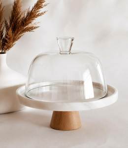Support à gâteau rond en marbre moderne et personnalisable avec base en bois et couvercle en verre, présentoir à dessert fait main pour fêtes, maison et hôtel - Product Image 3