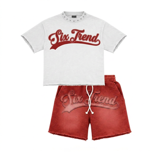 Conjunto de Camiseta y Pantalones Cortos de Punto 100% Algodón Transpirable para Hombre Six Trend, Cuello Redondo, Ropa Casual de Verano, Logotipo con Letras Impresas Digitalmente, Azul - Product Image 2