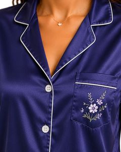 Manufacturer Custom Navy Blue Satin Pajama Set Women Silk Sleepwear Embroidered Pocket Short Sleeve Soft Lounge Nightwear Set - Product Image 5