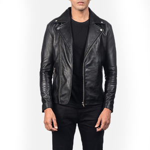 Men's Black Leather Moto Jacket Slim Fit Zipper Closure <b>Turn</b>-down Collar Regular Sleeve Solid Color Autumn Wear - Product Image 1