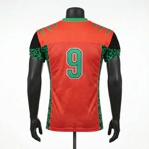 Camiseta de Voleibol para Hombre con Estampado de Leopardo Naranja y Verde, Cuello en V, Manga Corta, Malla Sublimada Transpirable, Ajuste Atlético, Número 9 - Product Image 3