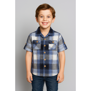เสื้อเชิ้ตผ้าฝ้ายลายสก๊อตสีน้ำเงินและสีขาวสำหรับเด็กผู้ชาย - Product Image 5