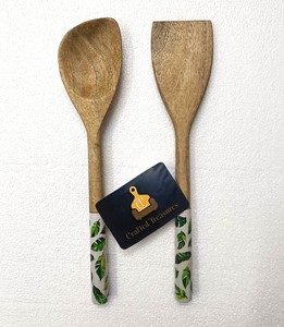 Ensemble de saladiers en bois écologiques avec motif de feuilles, cuillère à long manche et spatule, ustensiles de cuisine, vaisselle - Product Image 2