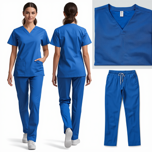 Women V Neck Scrub Set Short Sleeve Blue Medical Uniform Hospital Workwear Pants Polyester Cotton Woven Needle Detection - Product Image 4