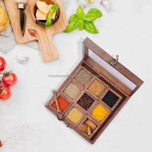 Boîte à épices en bois artisanale avec plusieurs compartiments pour le rangement de la cuisine Organisateur de masala rustique pour épices et herbes - Product Image 6
