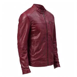 Blouson moto en cuir véritable bordeaux pour homme, avec poche poitrine, fermeture éclair, col montant, uni, en Spandex/Polyester, avec fourrure - Product Image 5