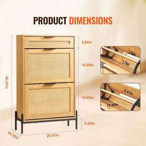 Mobile scarpiera moderno in rattan con 2 ante a ribalta e 1 cassetto estraibile, organizer stretto per ingresso, contenitore per scarpe con gambe in metallo - Product Image 2