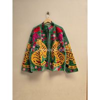 Blazer vert en velours brodé avec motif tigre et floral, col mandarin, simple boutonnage, veste pour femme, tenue de printemps