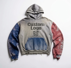 Sweat à capuche color block contrastant bleu rouille en denim, avec poches, imprimé nœud, bords effilochés, délavé au soleil, épaules tombantes - Product Image 1