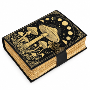 สมุดบันทึกหนังเย็บมือ New Era Leatherbound Mushroom Grimoire ลายดวงจันทร์และดวงดาว ปกแข็งเย็บแบบ Saddle Stitched ของขวัญสมุดบันทึกโบราณ ขอบกระดาษแบบ Deckle Edge - Product Image 1