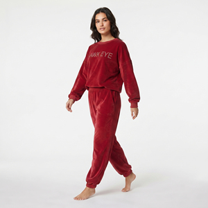 Conjunto Deportivo de Terciopelo Rojo para Mujer, de Alta Calidad y Personalizado, Manga Larga, Cuello Redondo, Corte Holgado, con Logotipo de Pedrería, Ropa Casual de Invierno - Product Image 4