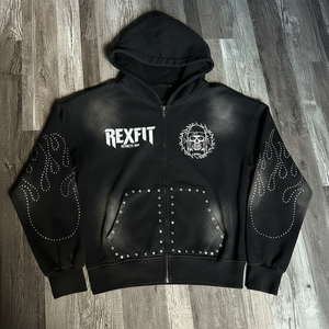 Sudadera con capucha de algodón extragrande para hombre, estilo urbano, con cremallera, estampado gráfico y logotipo de pedrería, ideal para primavera. - Product Image 5