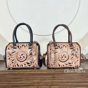 Sac à main Western de luxe haut de gamme en cuir véritable, orné de motifs floraux, écologique, durable, léger, moyen, style cowgirl - Product Image 1