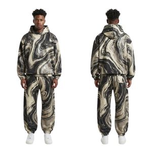 Custom Black <b>White</b> Marble Print <b>Mens</b> Fleece Tracksuit Hoodie <b>Joggers</b> Monochrome Graphic Streetwear Two Piece Set Jackets - Product Image 3