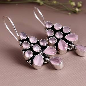 Boucles d'oreilles pendantes bohèmes ethniques tribales en laiton, quartz rose et œil de chat, plaqué argent antique, faites à la main, bijoux fantaisie pour femme - Product Image 3