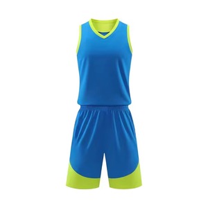 Ensemble d'uniformes de basketball personnalisés bleu et vert lime, unisexe, maillot et short vierges pour sublimation, respirant, séchage rapide, 100% coton, pour équipe - Product Image 2