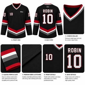 Camiseta de Hockey sobre Hielo Personalizada para Hombre, Sublimada, en Negro, Rojo, Blanco y Gris, con Cuello en V, Uniforme de Equipo con Nombre y Número de Jugador Personalizados - Product Image 2