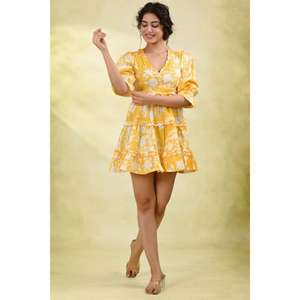 Vestido Mini Floral para Mujer, Amarillo, con Capas, Ecológico, Lavable, con Mangas 3/4, Ligero, Casual de Verano, Cintura Natural - Product Image 4