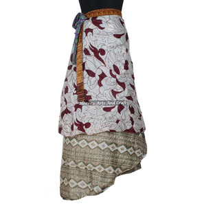 Women <b>Beach</b> Wear Indian Silk Sari Fabric <b>Wrap</b> Around Skirt Women Wear Vintage Silk Sari Long Length <b>Wrap</b> Around Skirt 2 Layer - Product Image 2