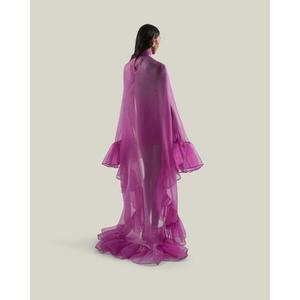 Vestido de Noche Elegante de Gasa Morada Premium con Cuello Alto, Mangas Tipo Capa, Volantes, Largo hasta el Suelo y Capa Transparente de Color Sólido - Product Image 2