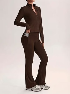 Womens Long Sleeve Thumbhole <b>Zip</b> <b>Up</b> <b>Jacket</b> and High Waisted Flare Yoga Pants Set Gym Workout Athletic Tracksuit 2 Piece Outfits - Product Image 2