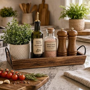 Bandeja Organizadora de Cocina de Madera Maciza de Acacia Premium con Asas de Metal Negro, Hecha a Mano, Moderna, Decorativa, para Almacenamiento, para Bodas - Product Image 6