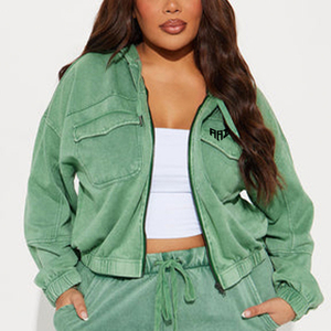 Chaqueta con cremallera lavada para mujer al por mayor, ropa de calle informal, prendas de vestir personalizadas, proveedor OEM ODM, EE. UU. - Product Image 1