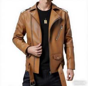 Men's Genuine Leather Moto <b>Jacket</b> Stand Collar Zipper Closure <b>Slim</b> <b>Fit</b> Solid Color Autumn Style Regular Length Waterproof High - Product Image 4