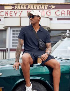 Classic Men's Summer Two-Piece Fleece Floral Outfit Zip Polo <b>Collar</b> <b>T</b>-<b>Shirt</b> Elastic Waist Short Pant Casual Sportswear Jogging - Product Image 4