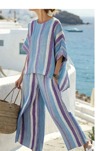 Women's <b>Linen</b> Striped 2-Piece Set Loose Fit O-Neck <b>Top</b> Full Length Pants Casual Spring Summer Breathable Woven Knitted Outfit - Product Image 3