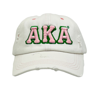AKA White Distressed Denim Hat Pink Embroidered Letter Baseball <b>Cap</b> Adjustable Washed Denim Headwear Casual Fashion <b>Vintage</b> - Product Image 1