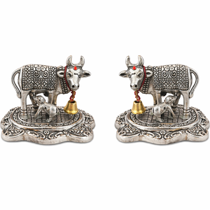 Hermosa Estatua de Vaca y Ternero Kamdhenu, Acabado en Plata Germánica, Marca Jaipurios, Ídolo del Dios Hindú, Decoración para el Hogar, Regalo, Artículo para Pooja, Diwali - Product Image 3