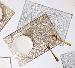 Gold Grey Metal Rectangular <b>Placemats</b> with Leaf Pattern Cutwork Decorative <b>Dining</b> <b>Table</b> Centerpiece for Hotel & Restaurant Use - Product Image 1