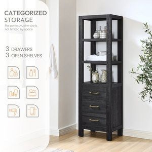 Solid Wood Black <b>Cabinet</b> with 3 Drawers and Open Shelves Tall <b>Wooden</b> Storage Cupboard for <b>Bathroom</b> Bedroom and Home Organization - Product Image 4