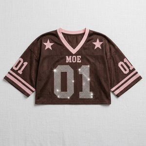 <b>Top</b> Choice Sparkling <b>Rhinestone</b> Crop <b>Top</b> Custom Logo Bling Number Solid Color American Football Jersey Sporty Summer Shorts Sets - Product Image 4