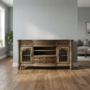 Meuble TV en bois de style antique de luxe avec portes en verre sculptées ornementées et rangement classique pour salon royal - Product Image 3