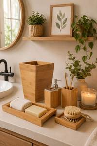 Ensemble d'accessoires de salle de bain en bois, 3 pièces, distributeur de savon, porte-brosse à dents, porte-savon, écologique - Product Image 5