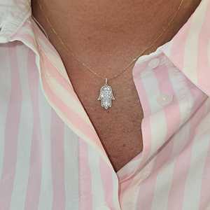 Collar de diamantes cultivados en laboratorio con diseño de baguette y mano de Fátima, de oro macizo de 14K y 18K, talismán de ojo turco, delicado para superposición, solitario, amuleto de protección - Product Image 5