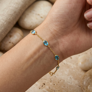 Pulsera de Plata de Ley 925 al por Mayor, Chapada en Oro Amarillo, con Topacio Azul Natural Ovalado Engastado en Bisel, Joyas Memoria - Product Image 6