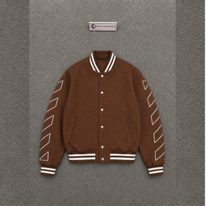 PREMIUM BROWN VARSITY <b>JACKET</b> FOR <b>MEN</b> With <b>White</b> Geometric Stripes On Sleeves Turn-down Collar Casual Autumn Wear STREET FASHION - Product Image 5