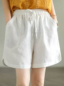 <b>White</b> <b>Linen</b> Cotton Shorts Women Summer Casual Loose Fit With Pockets Breathable Woven Solid Color Drawstring Waist Short <b>Pants</b> - Product Image 1