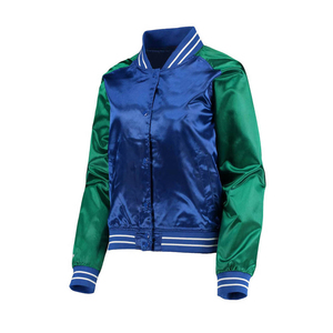 แจ็คเก็ตบอมเบอร์ผ้าซาตินคุณภาพสูงแบบยูนิเซ็กซ์ สีเขียวน้ำเงินตัดกัน แจ็คเก็ตเบสบอลวาร์ซิตี้แบบมันเงา แต่งแถบยางยืดเนื้อนุ่ม - Product Image 2