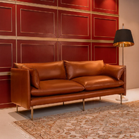 Canapé 2 places en cuir véritable marron avec pieds en bois, design modulaire convertible confortable pour la maison et le salon