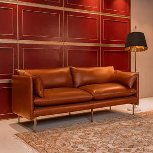 Sofá de Cuero Genuino Marrón de 2 Plazas con Patas de Madera, Diseño Modular Convertible y Cómodo para Sala de Estar - Product Image 4