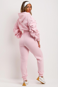 Conjunto Deportivo Rosa para Mujer, Top Corto con Capucha, Pantalones Largos, Color Sólido, Estilo Casual Holgado, Ropa Deportiva para Otoño - Product Image 6