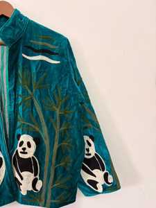 Veste en velours de jardinage fantaisiste motif panda, broderie complexe Suzani, manteau vert sarcelle, vêtement d'extérieur bohème botanique audacieux - Product Image 5