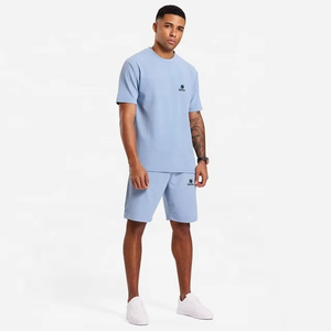 Camiseta de Cuello Redondo Azul Claro para Hombre, Color Sólido, Casual, Manga Corta, 100% Algodón, Tejido de Punto, Ropa de Verano - Product Image 1